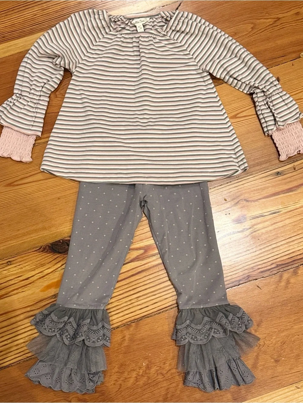 Matilda Jane Girls Pink & Gray Ruffle Sleeve Top & Ruffle Bell Pants Size 4